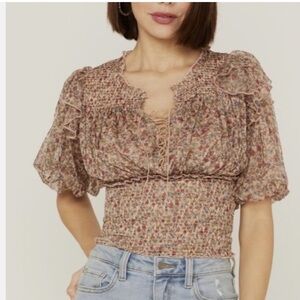 Free People Smocked Beatrice Cropped Blouse - Brown and Pink